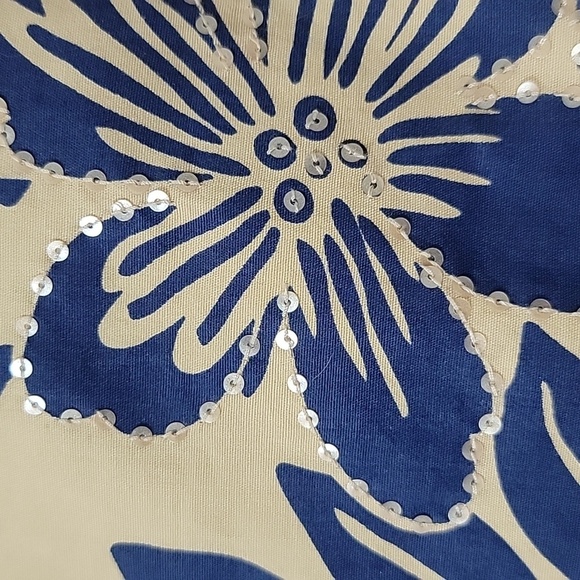 Talbots Size 15 Stretch Tan With Blue Tropical Floral Pattern Sequin Skirt - Picture 2 of 11